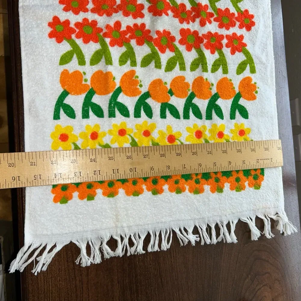 2 NOS vintage floral towels 1970s orange yellow green flower fringe edges retro